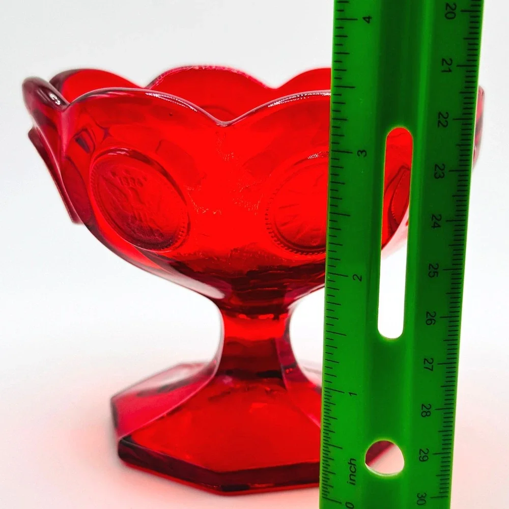 Fostoria Coin Glass Ruby Red Footed Compote Candy Dish UV Reactive Vintage